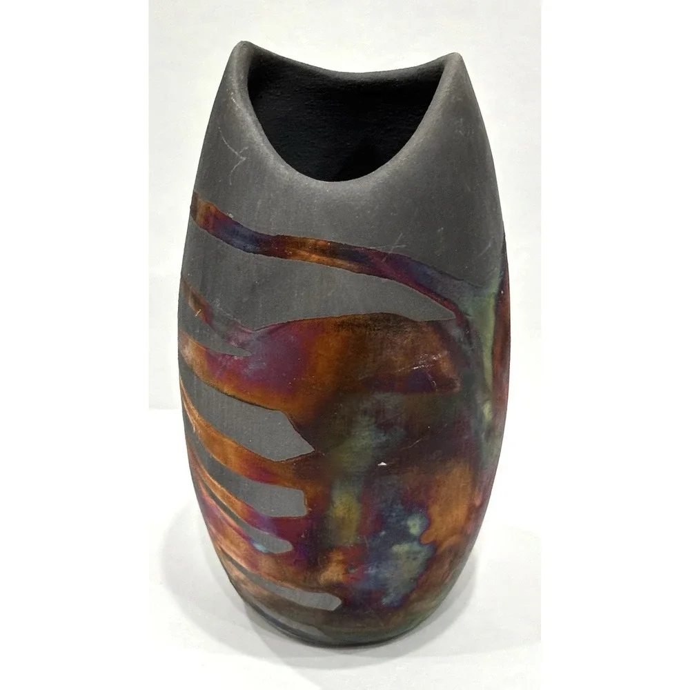 RAACUU Studio Pottery Vase Abstract Multicolor Glaze Handcrafted Stamped Base